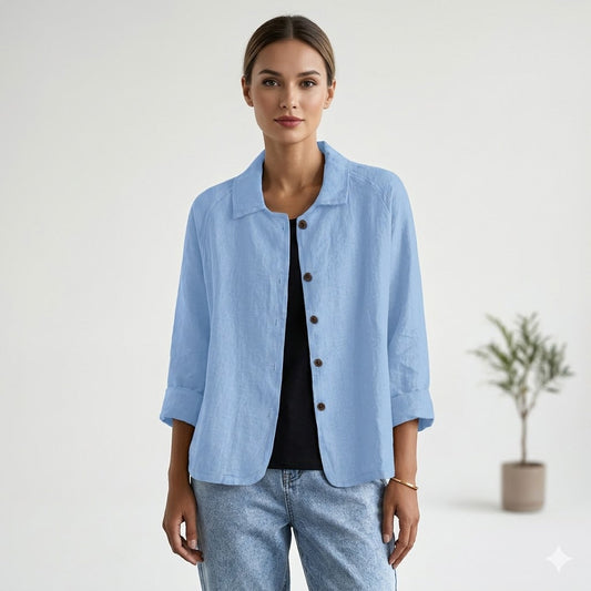 Amélie Rousseau | Sky Breeze Button Linen Jacket with Relaxed Elegance For Women