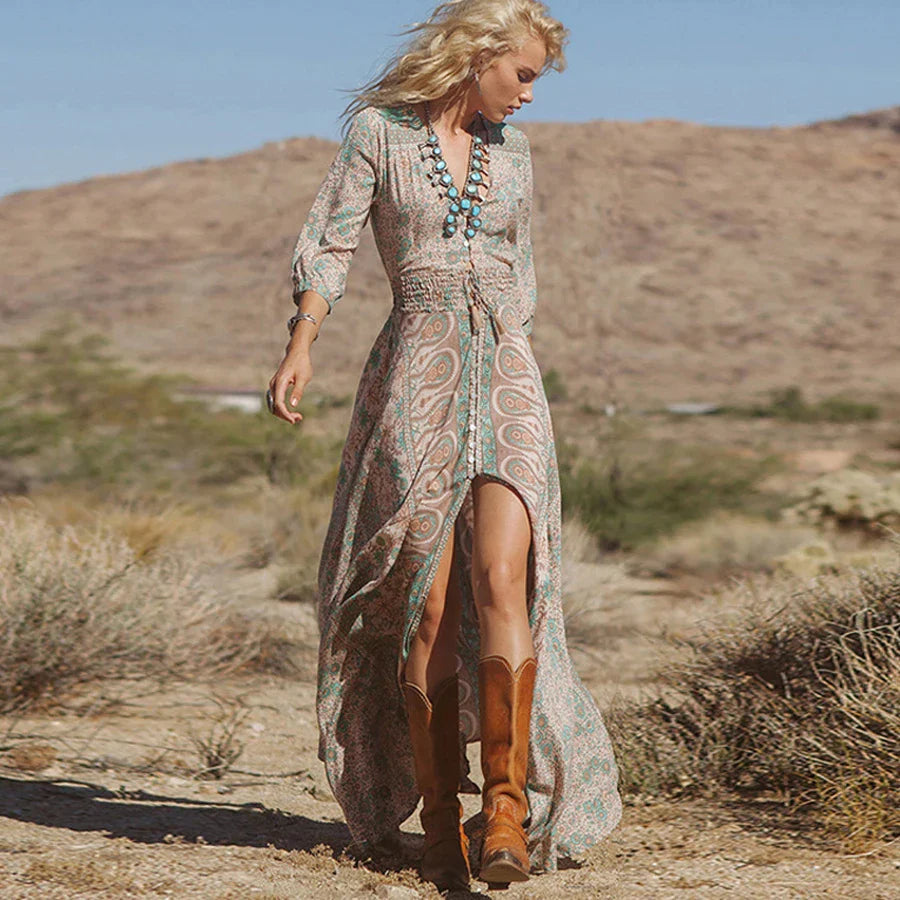 Azaria Long Bohemian Dress – Maxi Dress Woman with Paisley Pattern and Chic Fluid Style