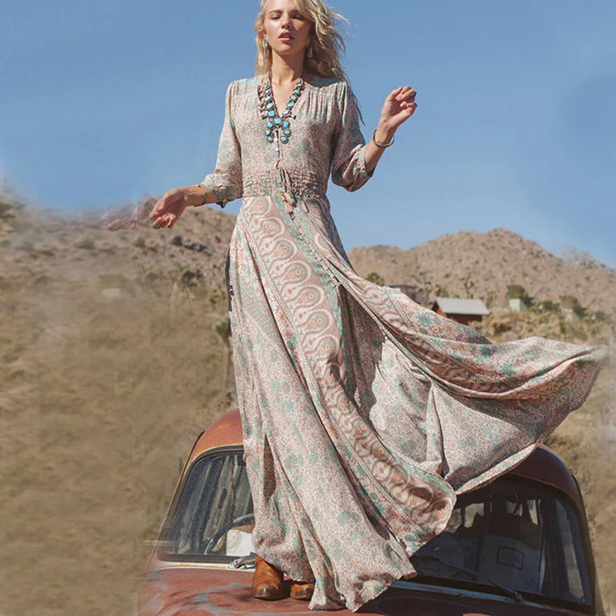 Azaria Long Bohemian Dress – Maxi Dress Woman with Paisley Pattern and Chic Fluid Style