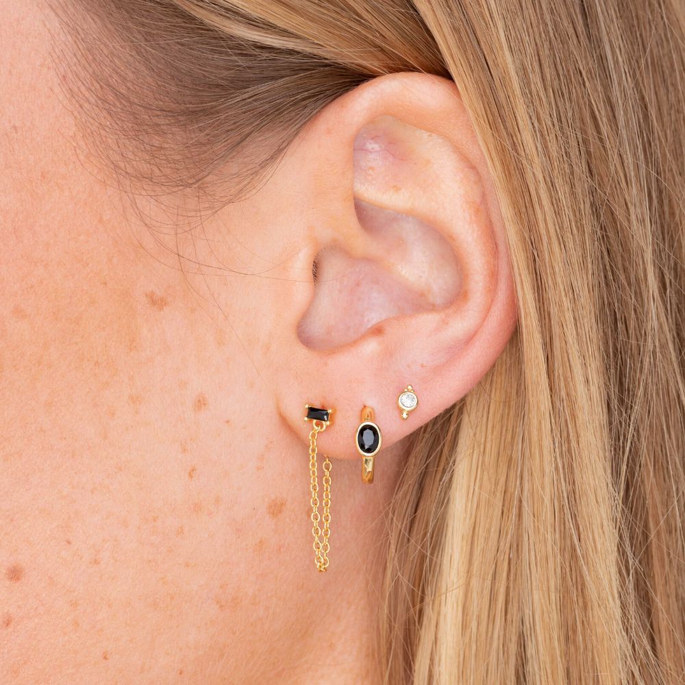 Black Baguette Chain Drop Stud Earrings
