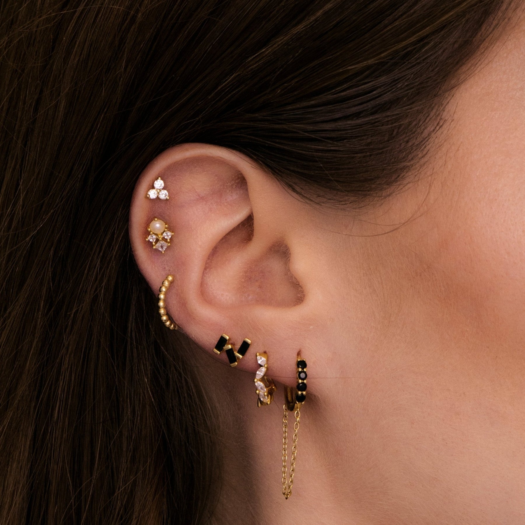 Black Sapphire Dangling Chain Huggie Earrings