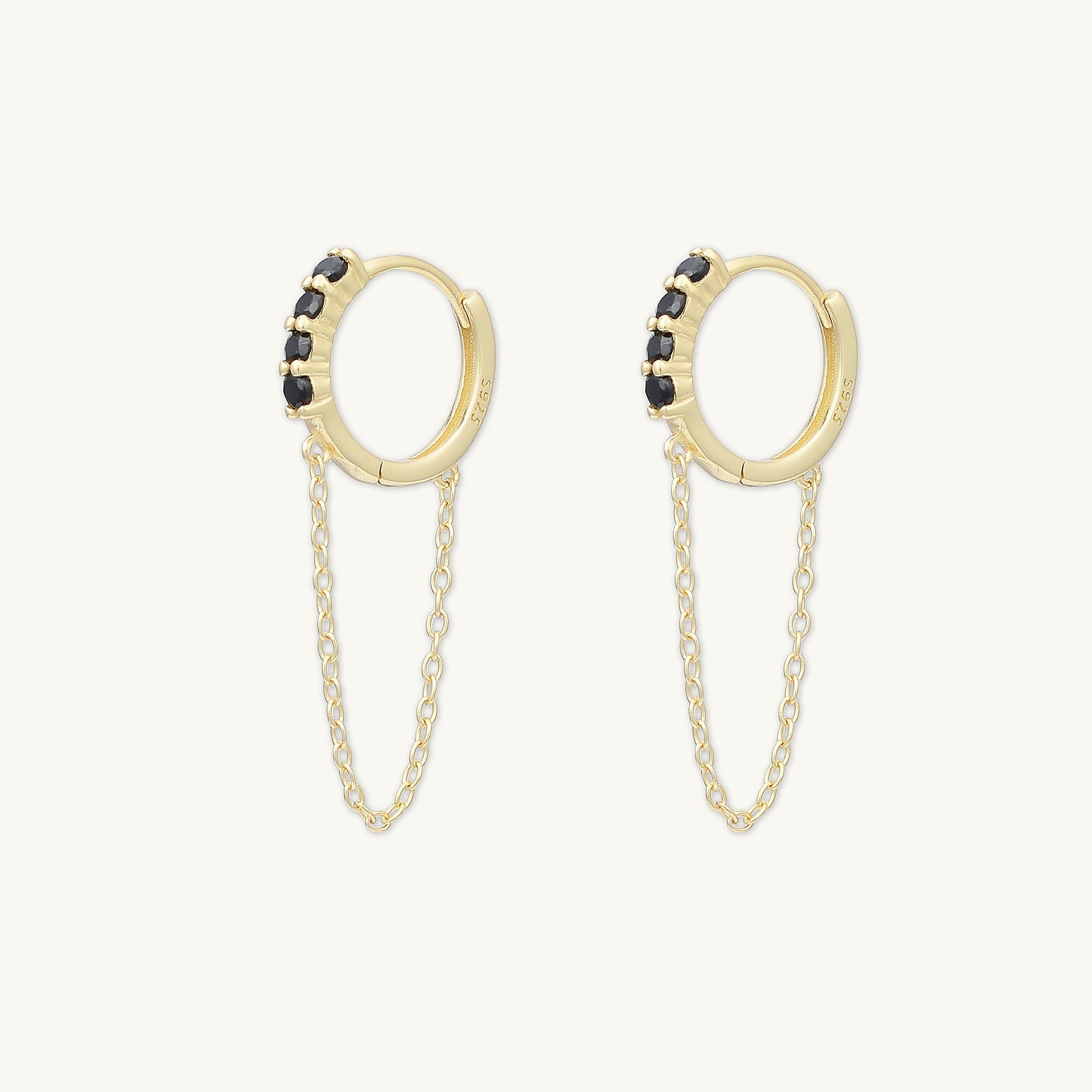 Black Sapphire Dangling Chain Huggie Earrings