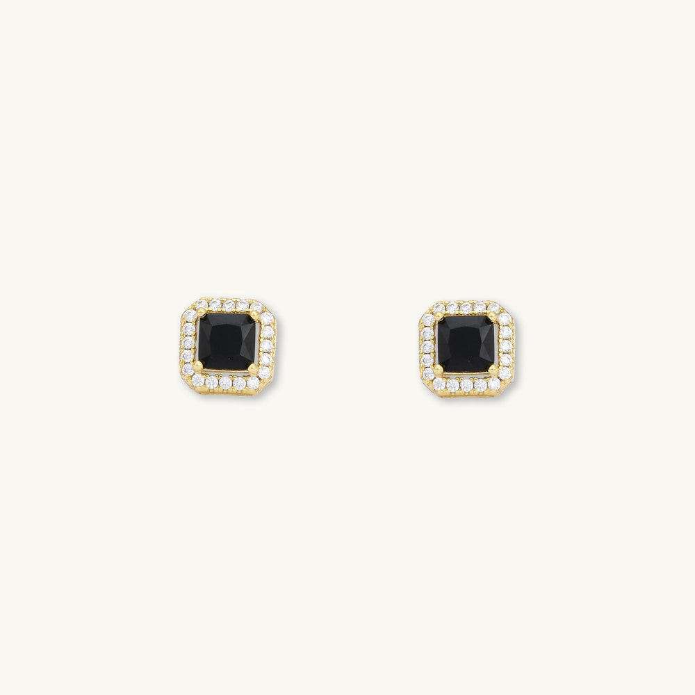 Black Square Pave Halo Stud Earrings