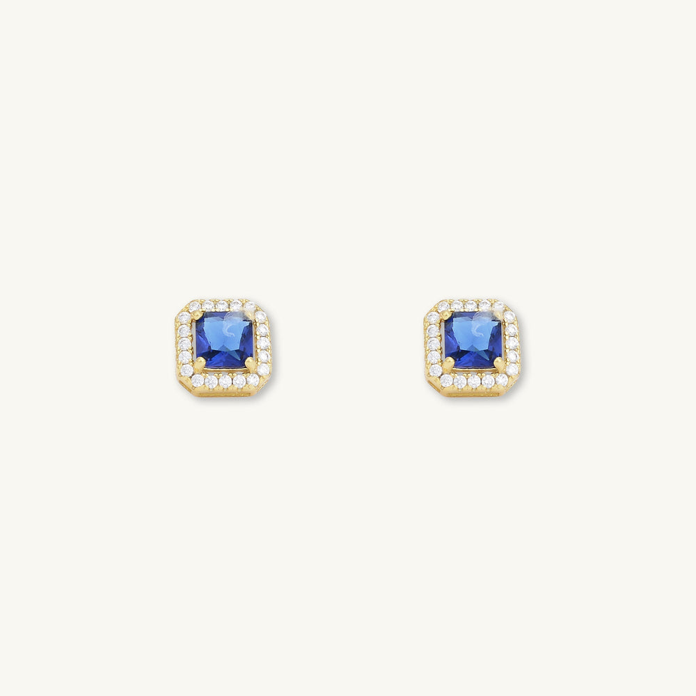 Blue Sapphire Square Pave Halo Stud Earrings