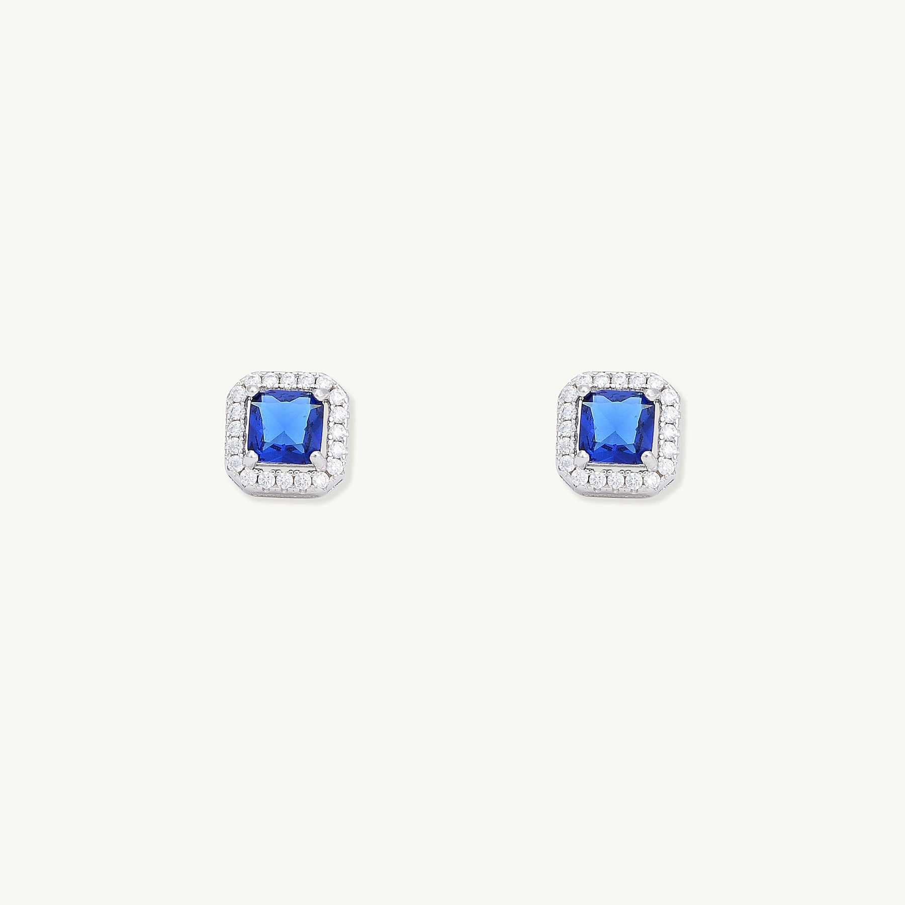 Blue Sapphire Square Pave Halo Stud Earrings