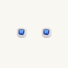 Blue Sapphire Square Pave Halo Stud Earrings