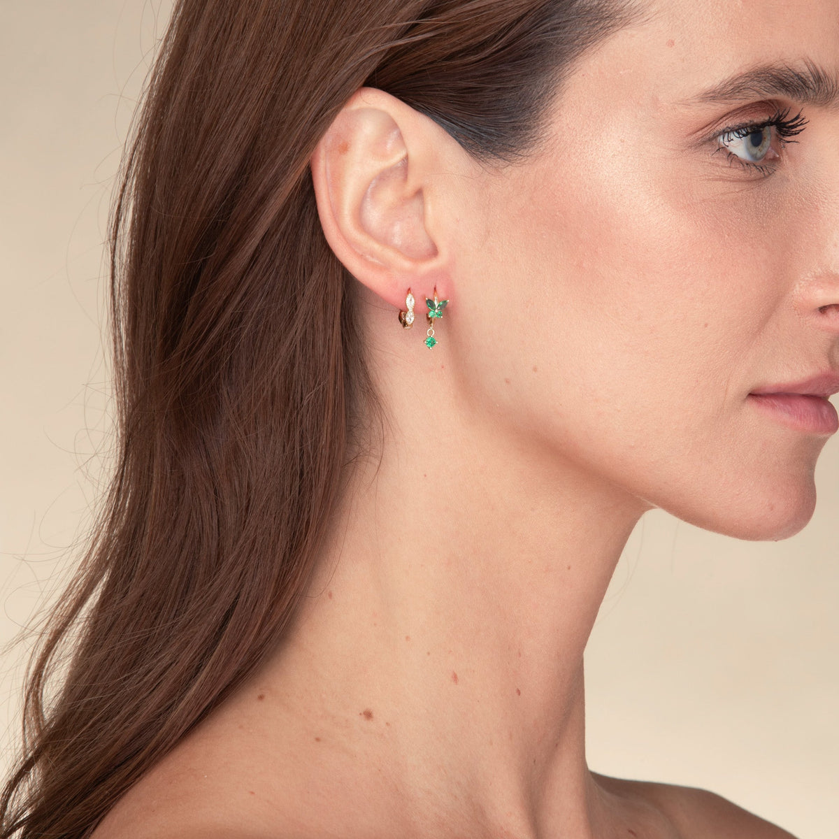 Butterfly Emerald Drop Huggie Earrings