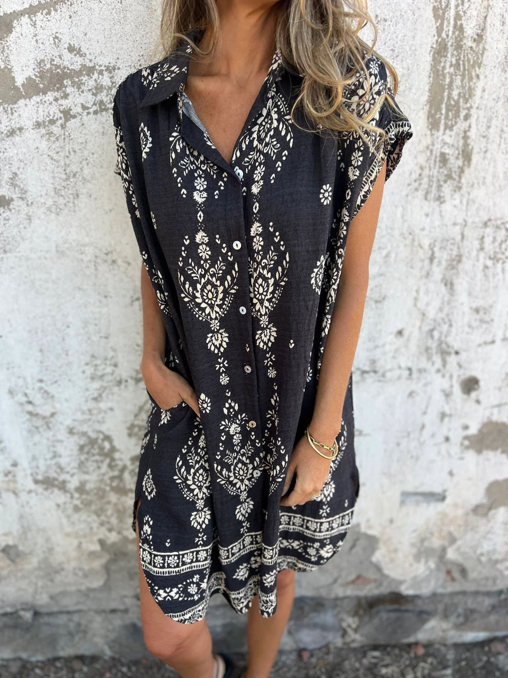 Grace Summer Dress Woman – Cotton and Linen Dress with Short Sleeves, Pockets & Flared Cut