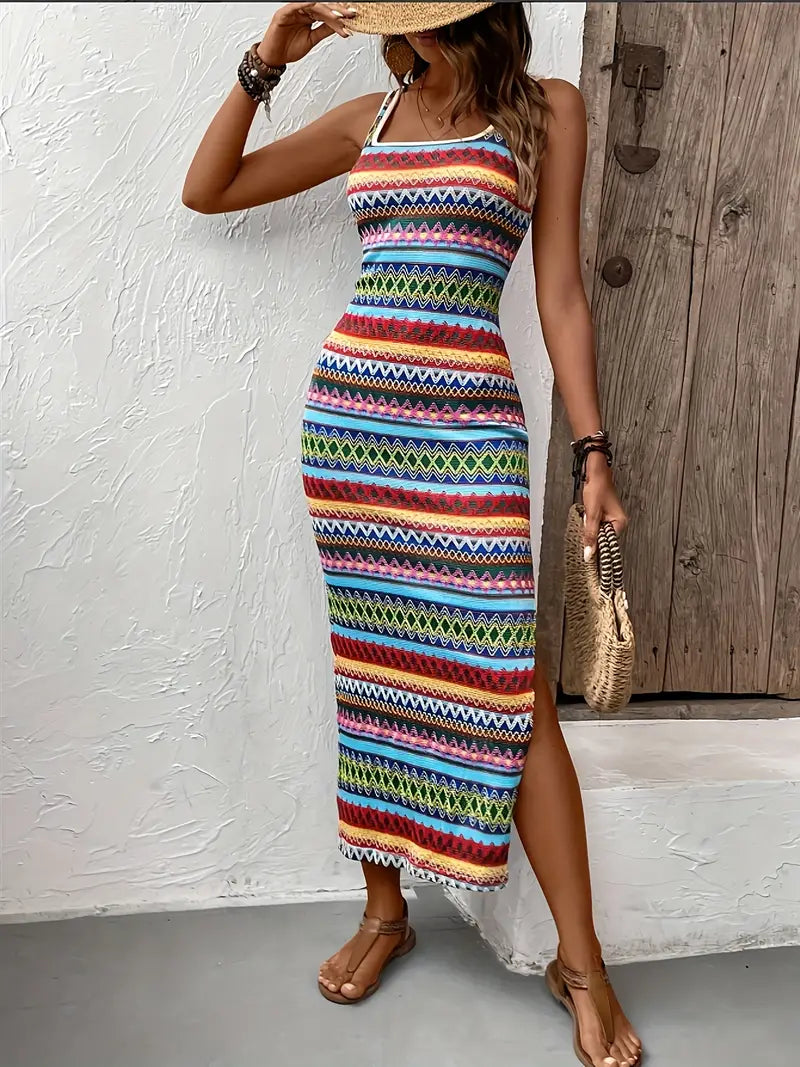 Summer Dress Women Piper – Sleeveless Striped Dress with Side Slit and Airy Cut
