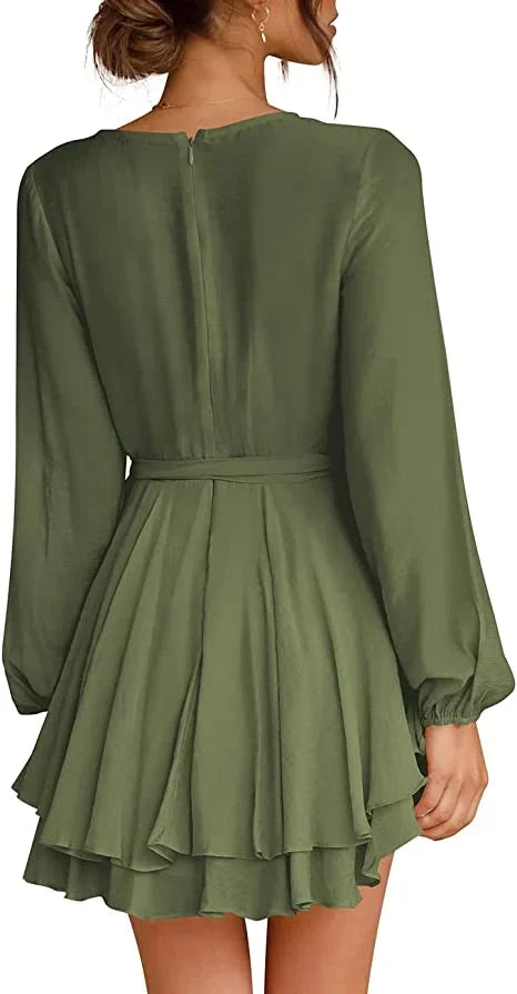 Cléo Short Women's Dress – Flared Dress with V-Neck, Belt & Long Sleeves
