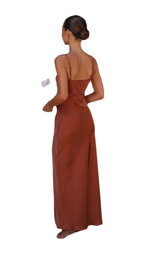 Lucille Evening Dress Woman – Elegant Black Satin Dress with Slit for Chic Occasions