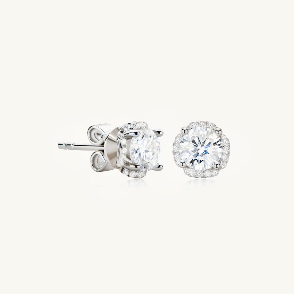Clover Cushioned Halo Moissanite Stud Earrings  0.5+0.5 Carat