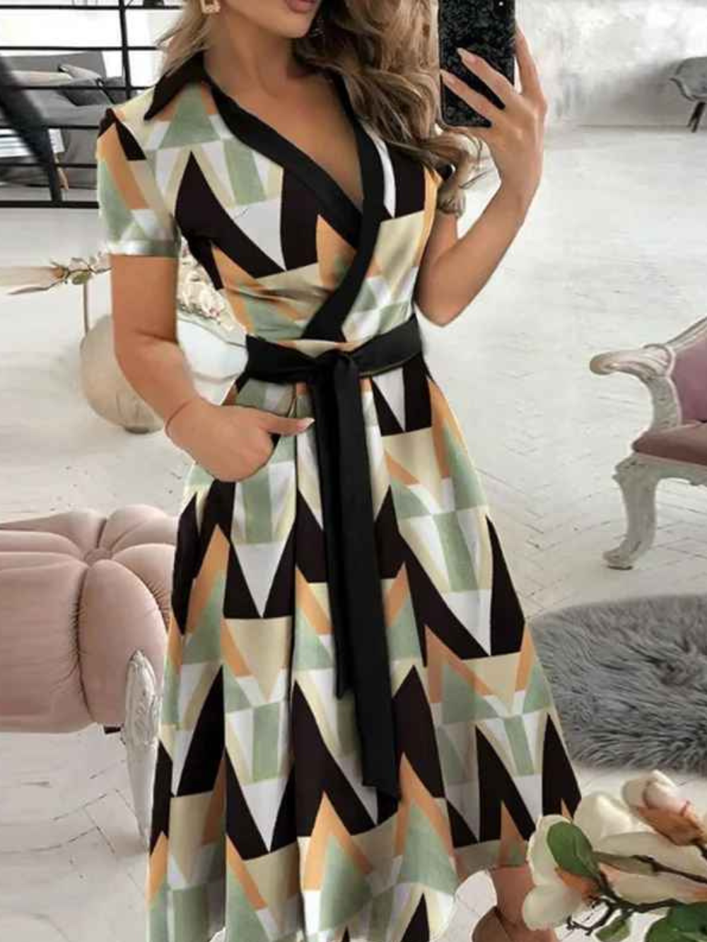 Lucia Robe Femme – Dress with Geometric Print with Waist Belt and Airy Cut for Every Moment