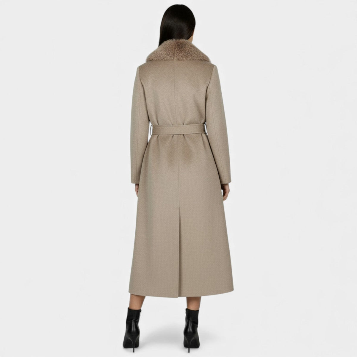 Long Wool Coat with Fur Collar