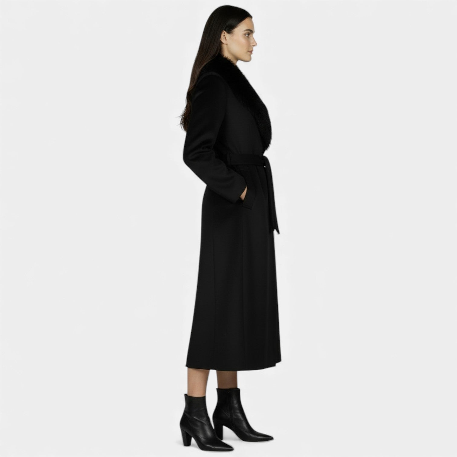 Long Wool Coat with Fur Collar
