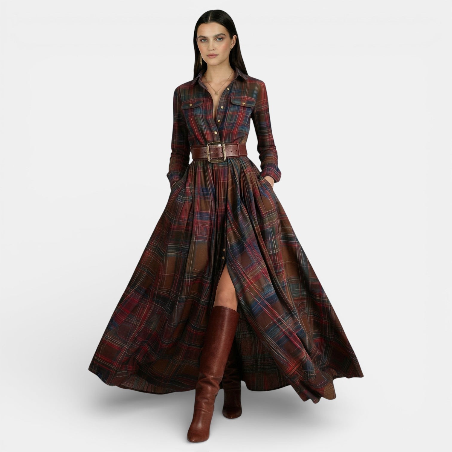 Women's Retro Dress - Long Sleeve and Belt