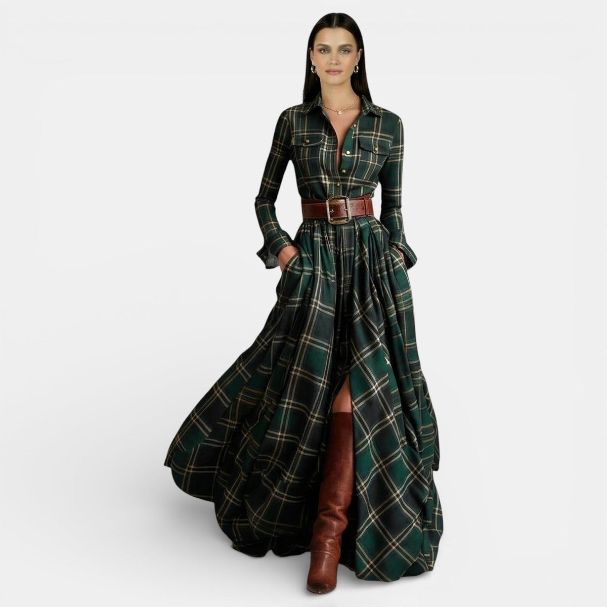 Women's Retro Dress - Long Sleeve and Belt