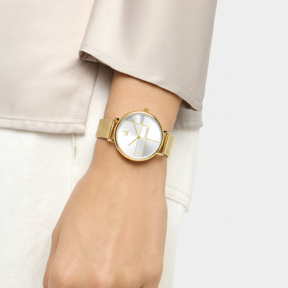 Women's Geometric Quartz Watch with Mesh Strap