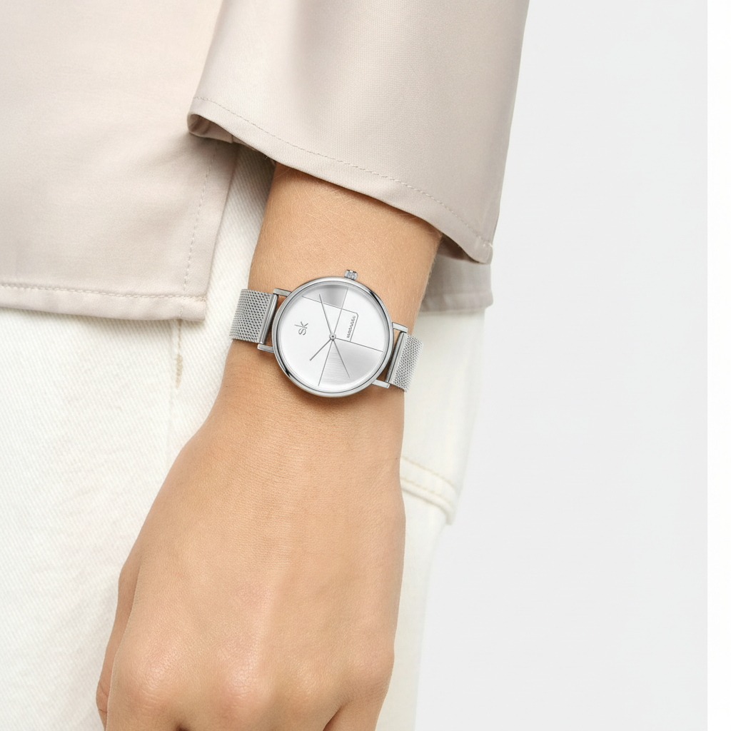 Women's Geometric Quartz Watch with Mesh Strap