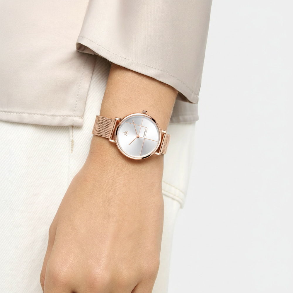 Women's Geometric Quartz Watch with Mesh Strap