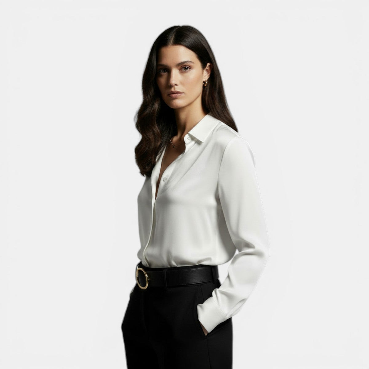 Women's Loose-fitting Shirt with Lapel and Buttons, Long Sleeve