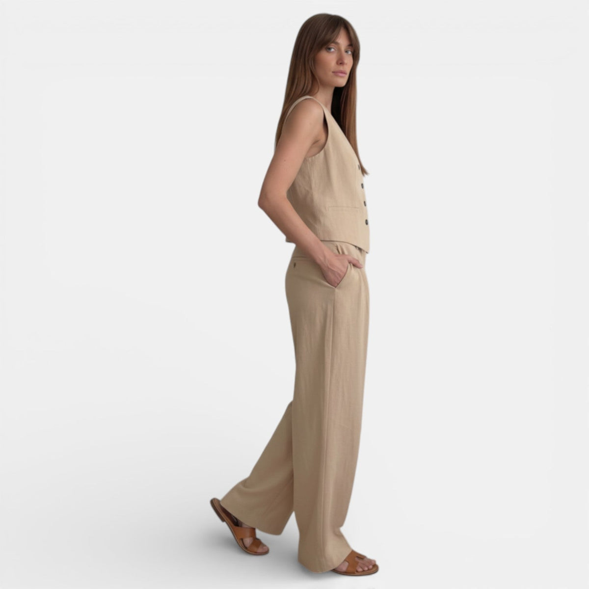 Women's Linen High-Waisted Pleated Suit Set