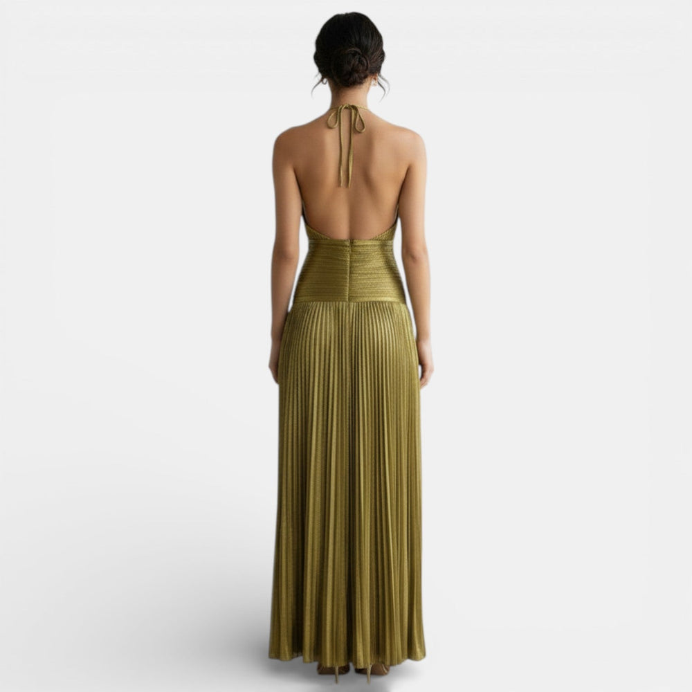Pleated Halter Dress with Slit