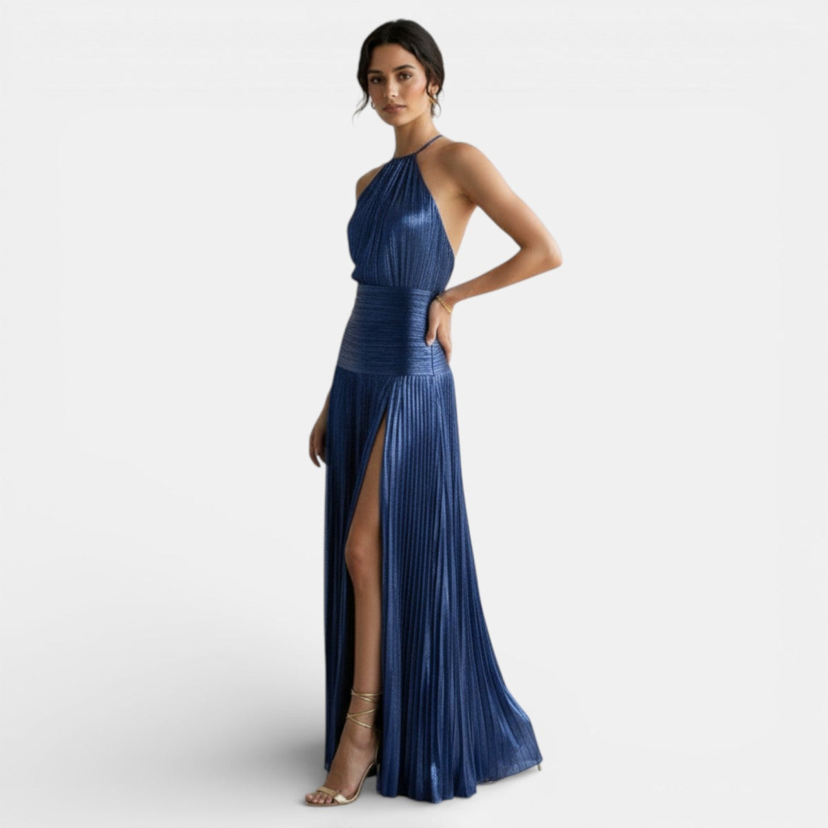Pleated Halter Dress with Slit