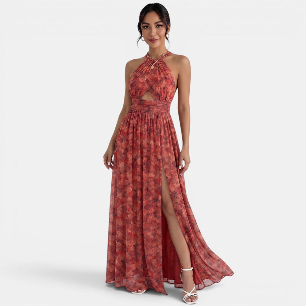 Red Floral Halter Maxi Dress