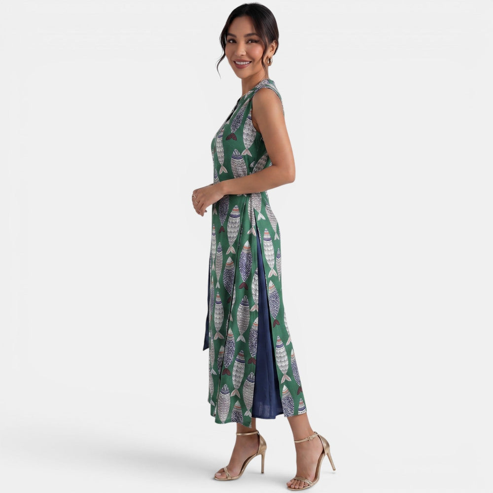 Women's Summer Green Linen Midi Dress