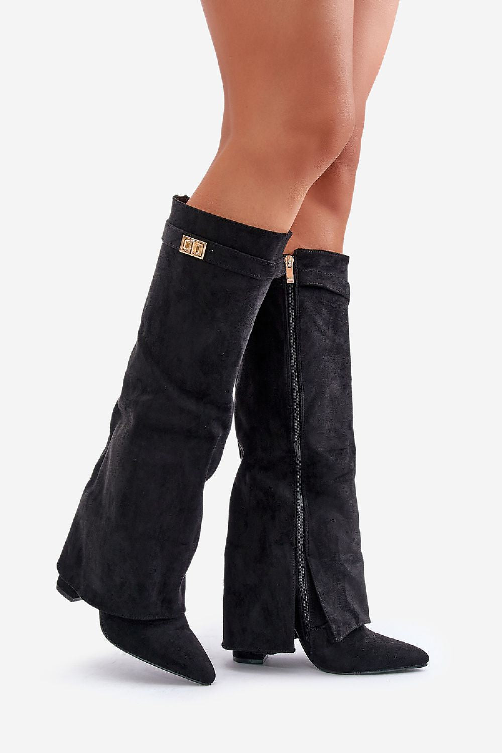 Amélie High Boots – Black Suede Boots with Pointed Toe & Elegant Details