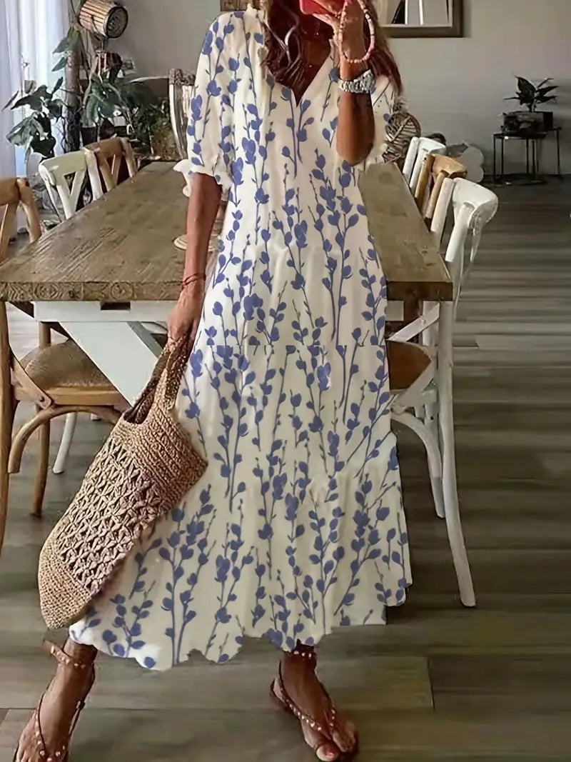 Bohemian Dress Woman Charm – Elegant Summer Dress with Ruffles with V Neck & Ikat Pattern