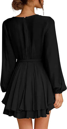 Cléo Short Women's Dress – Flared Dress with V-Neck, Belt & Long Sleeves