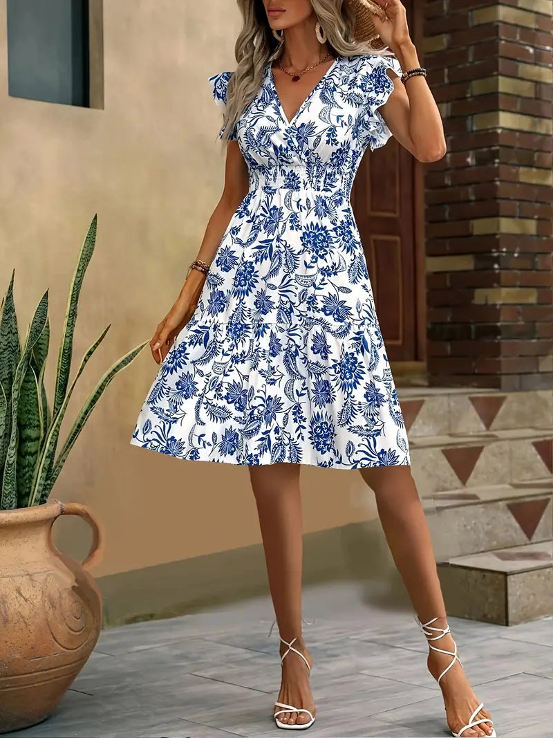 Summer Dress Women Lauren – Elegant V-Neck Dress with Ruffles & Gathered Waist for Holidays