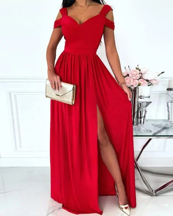 Antonella Elegant Long Dress Woman – Off-Shoulder Dress with Floral Pattern & Chic Slit