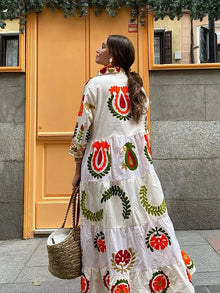 Celia Maxi Dress Woman – Long Cotton Dress with Bohemian Embroidery & Colorful Details
