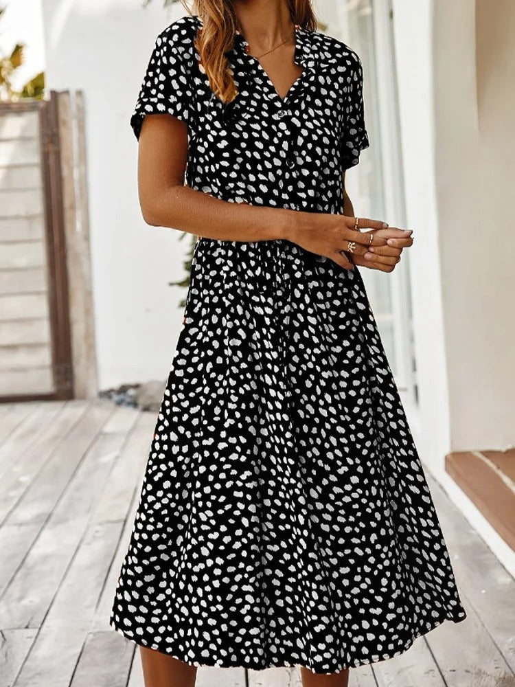 Ulvienne Summer Dress Women – Midi Dress with Short Sleeves with Waist Belt & Trendy Print