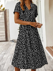 Ulvienne Summer Dress Women – Midi Dress with Short Sleeves with Waist Belt & Trendy Print