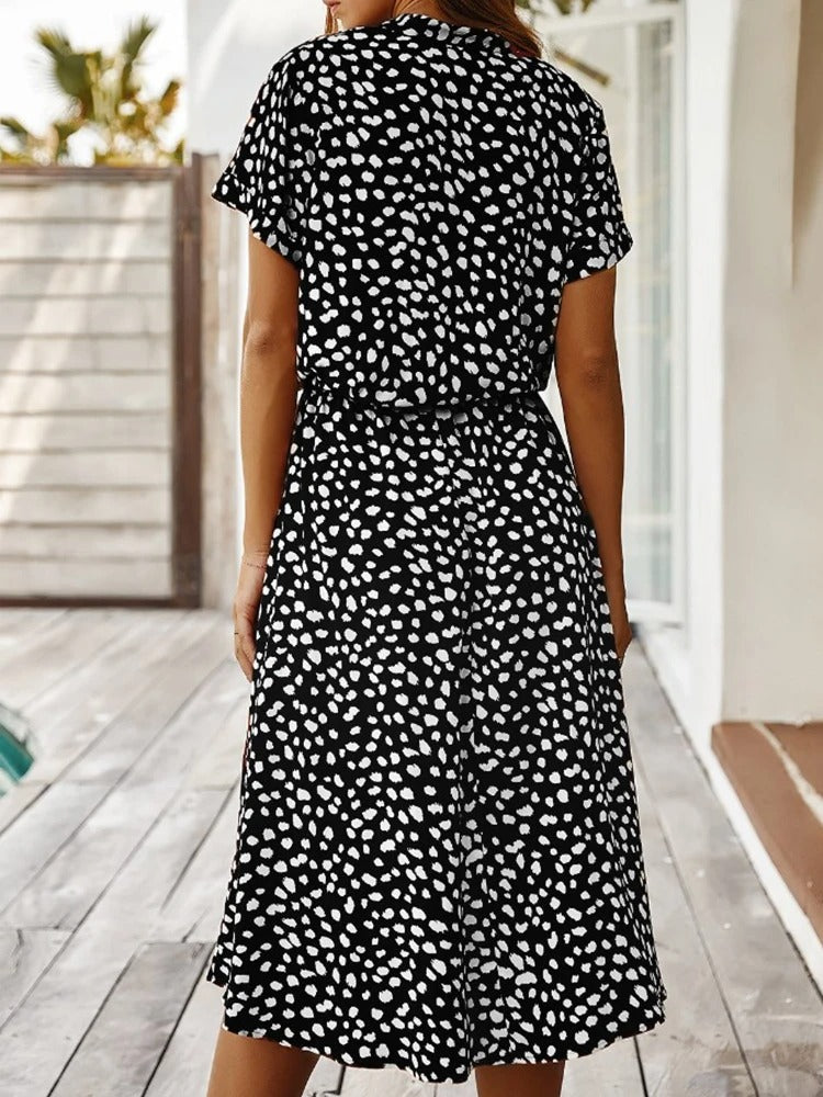 Ulvienne Summer Dress Women – Midi Dress with Short Sleeves with Waist Belt & Trendy Print