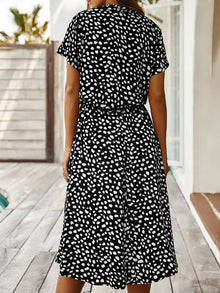 Ulvienne Summer Dress Women – Midi Dress with Short Sleeves with Waist Belt & Trendy Print