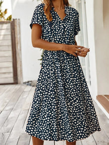 Ulvienne Summer Dress Women – Midi Dress with Short Sleeves with Waist Belt & Trendy Print