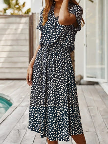 Ulvienne Summer Dress Women – Midi Dress with Short Sleeves with Waist Belt & Trendy Print