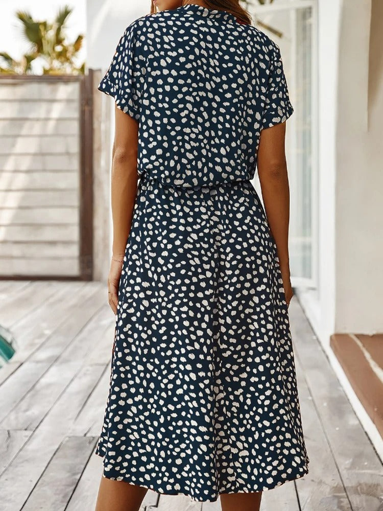 Ulvienne Summer Dress Women – Midi Dress with Short Sleeves with Waist Belt & Trendy Print