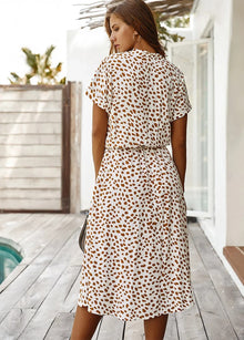 Ulvienne Summer Dress Women – Midi Dress with Short Sleeves with Waist Belt & Trendy Print