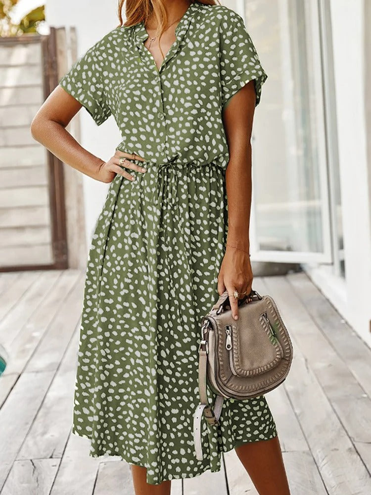 Ulvienne Summer Dress Women – Midi Dress with Short Sleeves with Waist Belt & Trendy Print
