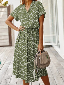 Ulvienne Summer Dress Women – Midi Dress with Short Sleeves with Waist Belt & Trendy Print