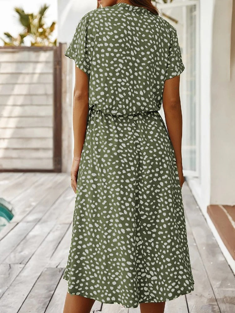 Ulvienne Summer Dress Women – Midi Dress with Short Sleeves with Waist Belt & Trendy Print