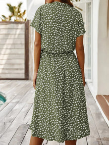 Ulvienne Summer Dress Women – Midi Dress with Short Sleeves with Waist Belt & Trendy Print