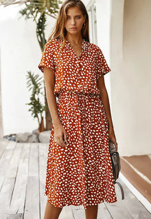 Ulvienne Summer Dress Women – Midi Dress with Short Sleeves with Waist Belt & Trendy Print