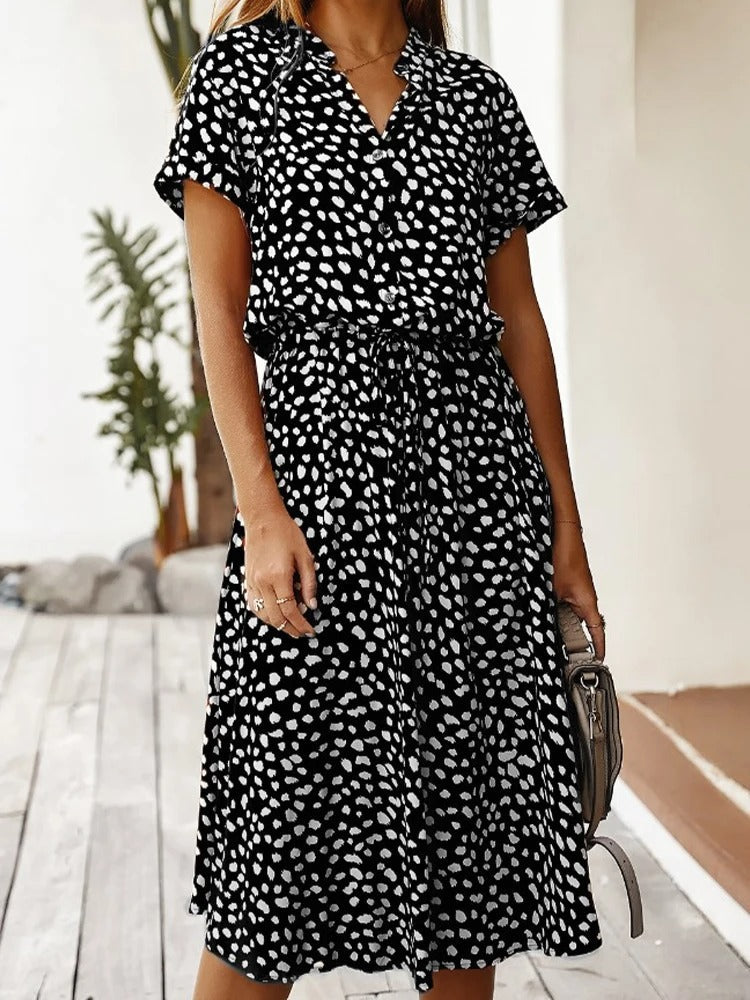Ulvienne Summer Dress Women – Midi Dress with Short Sleeves with Waist Belt & Trendy Print